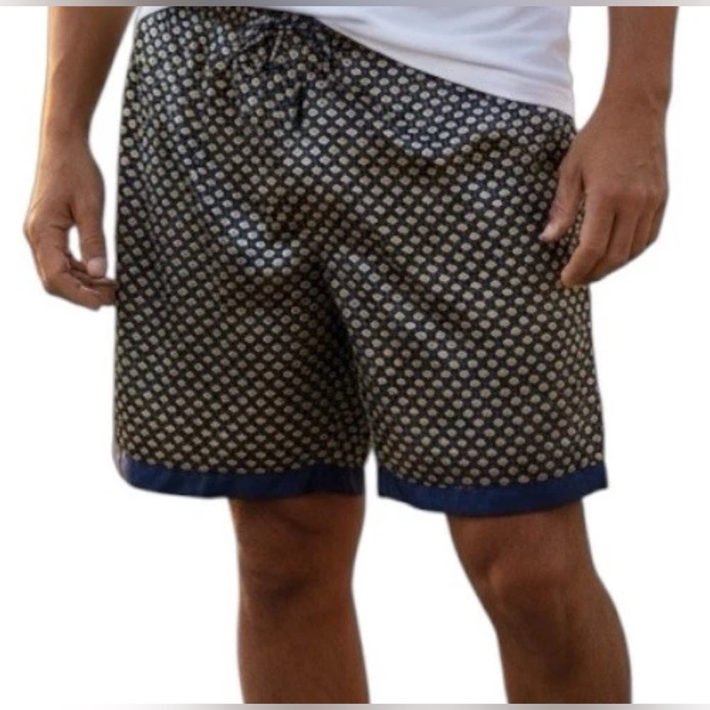 Ekouaer Men’s XL Sleep Shorts Pajama Bottoms Satin Navy Gold Print Lounge‎